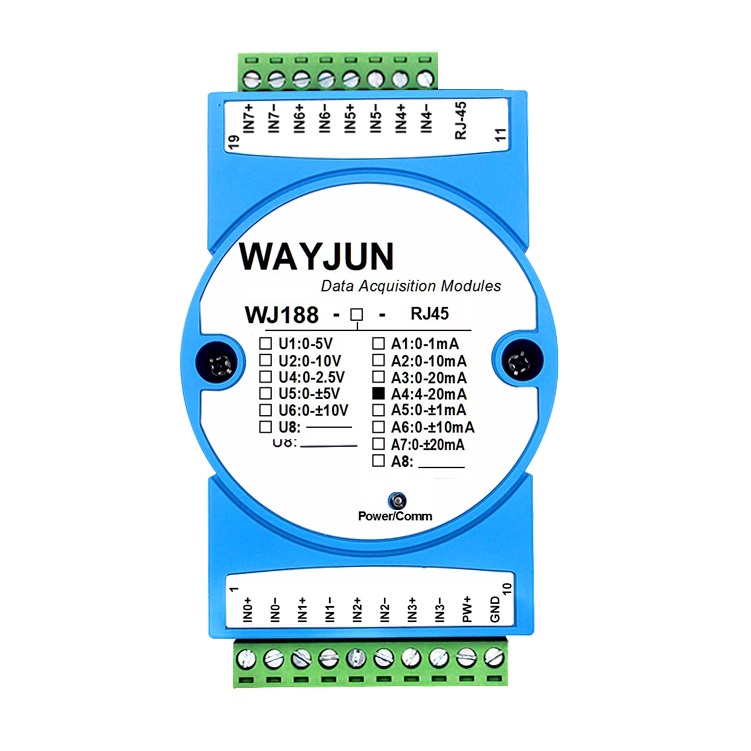 8路4-20mA或0-10V轉網(wǎng)絡Modbus TCP和MQTT數(shù)據(jù)采集模塊 WJ188