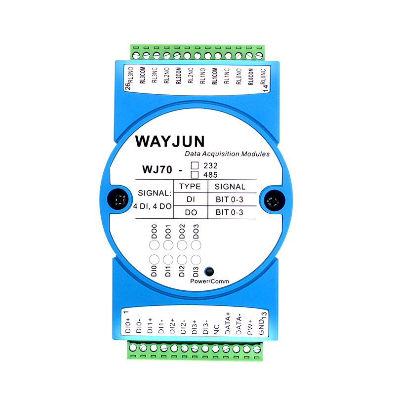 WJ70系列 四路DI四路繼電器輸出，RS-485/232數(shù)據(jù)采集遠(yuǎn)程IO模塊